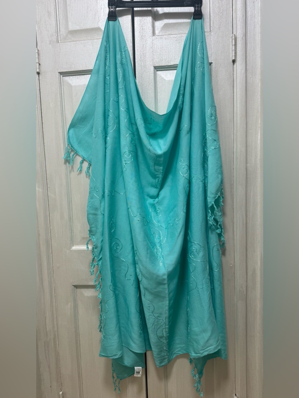 Mi Luna Teal Viscose Fringe Pareo Cover Up Embroidered